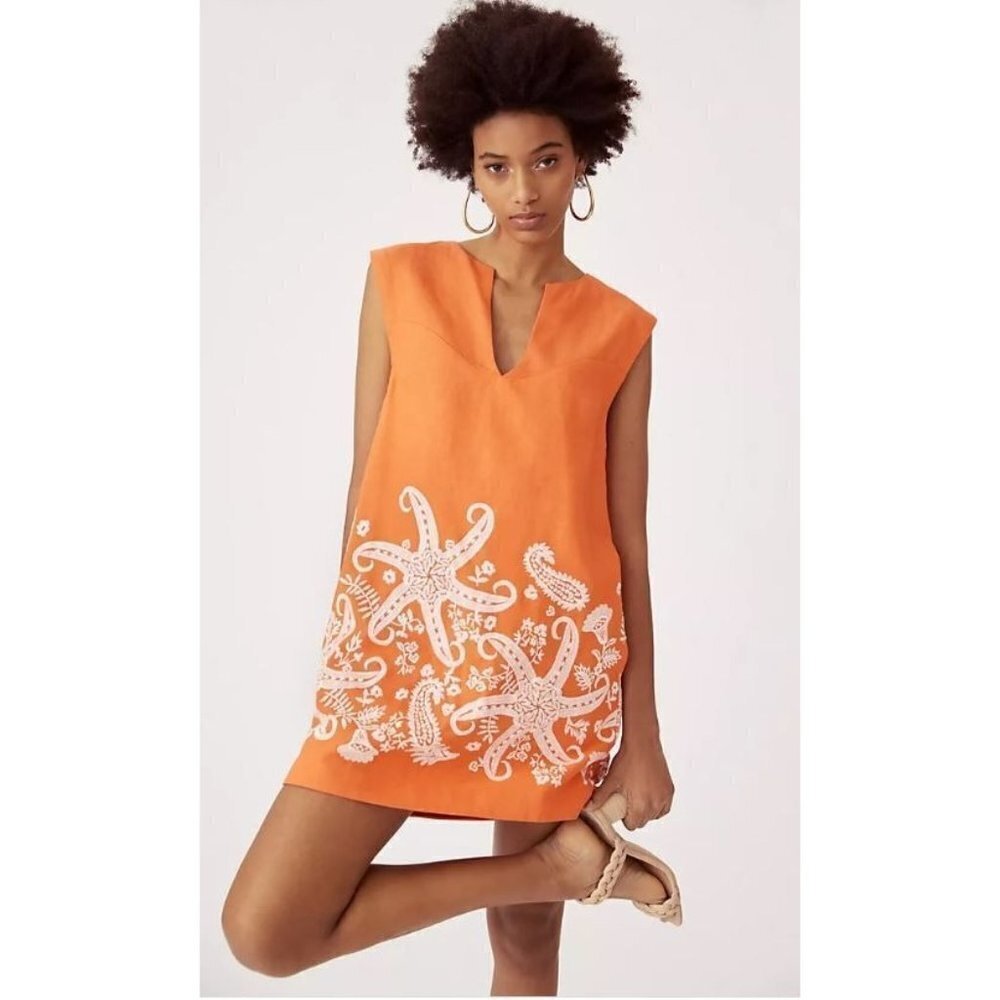 Maeve Orange Starfish Embroidered Linen Tunic Mini Dress Lined US 2 EU 34 NEW